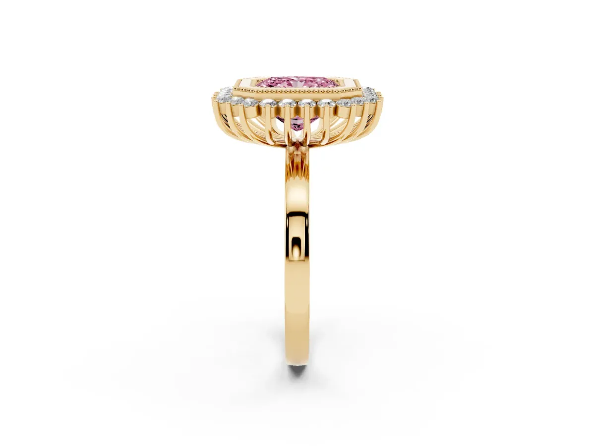 Fancy Pink Radiant Cut Halo Diamond Ring with Milgrain Edge and Round Prong Setting Yellow gold
