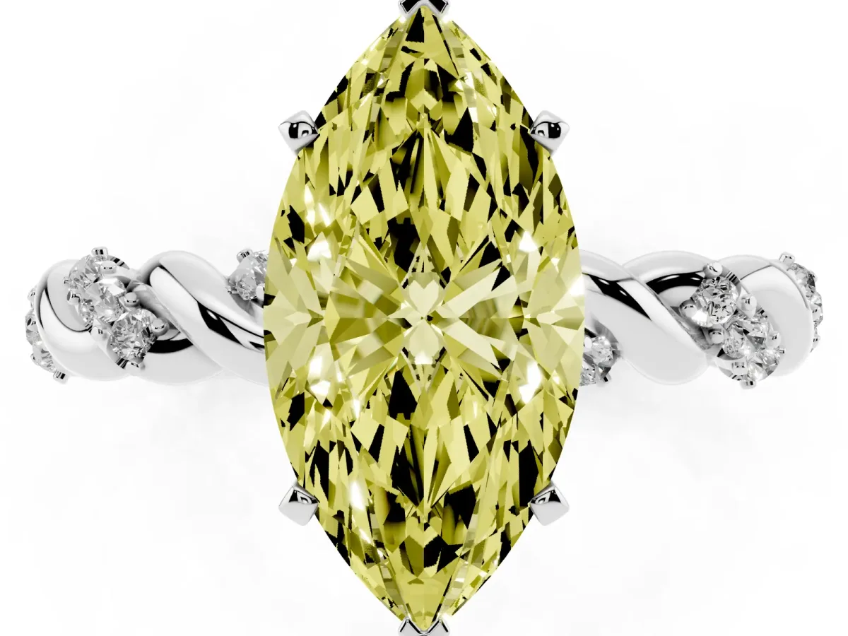 Fancy Yellow Marquise Cut Diamond Solitaire Ring with Twisted Band and Pavé Accents Platinum