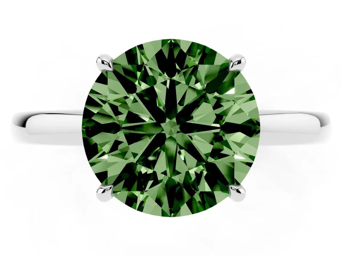 Fancy Green Round Cut Solitaire Engagement Ring with Cathedral Band and Four-Prong Setting White gold