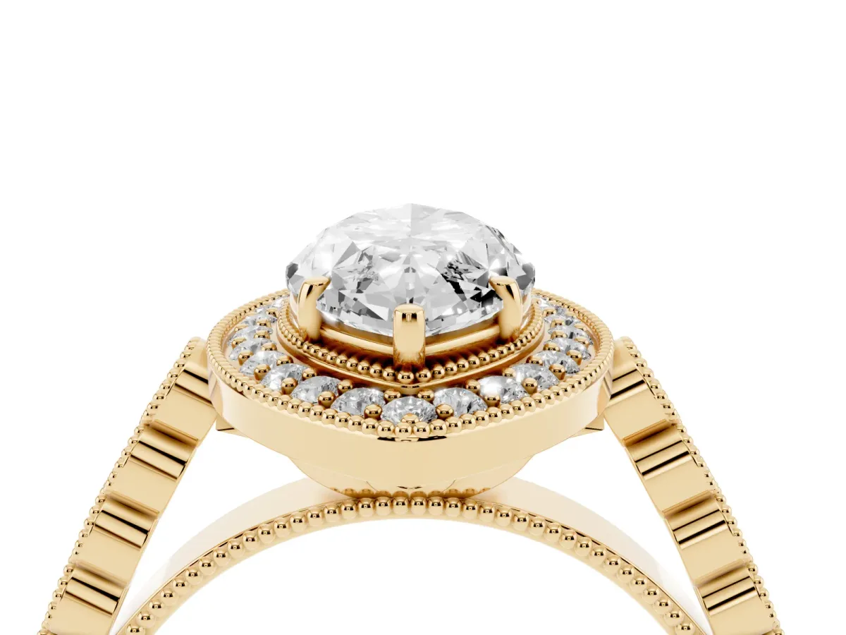 Marquise Cut Halo Milgrain Solitaire with Bezel Set Side Stones and Pave Band Yellow gold