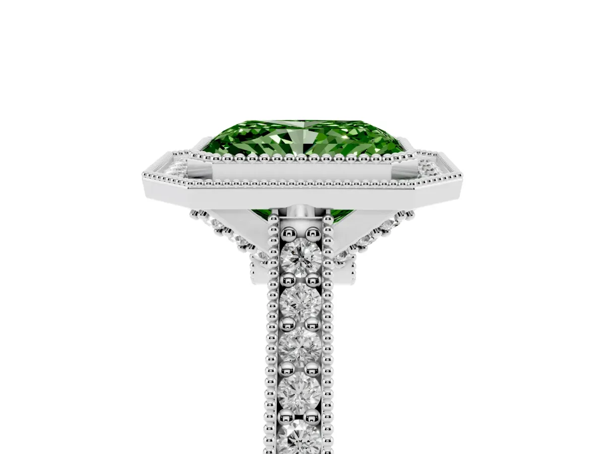 Fancy Green Halo Radiant Cut-Cut Diamond Pave Band Milgrain Prong Setting Ring Platinum