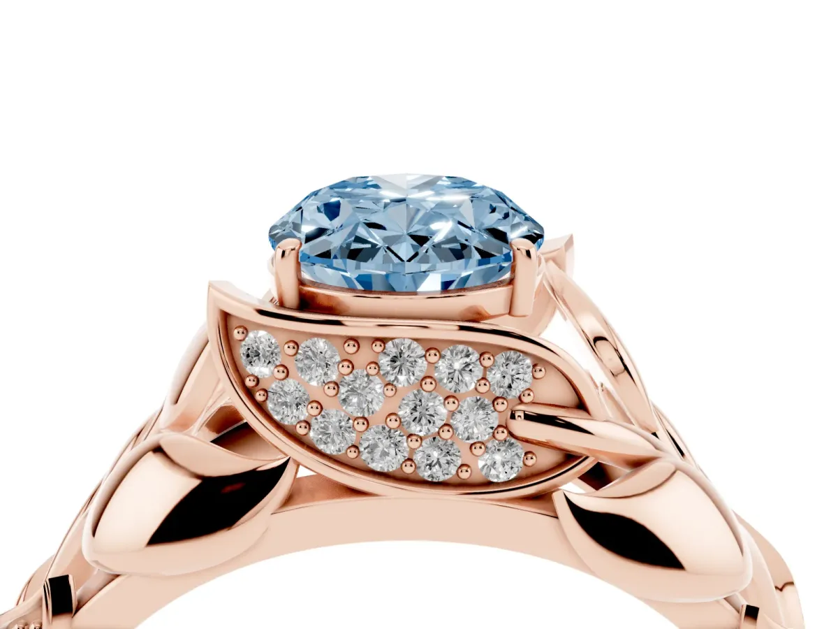 Fancy Blue Oval Cut Diamond Leaf-Inspired Engagement Ring with Round Accents and Prong Setting Rose gold