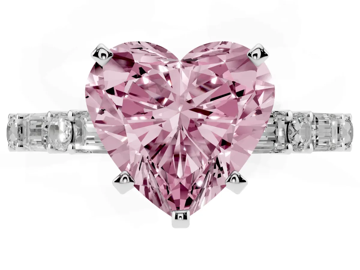 Fancy Pink Heart Cut Diamond Solitaire with Side Baguettes and Channel Set Band Platinum