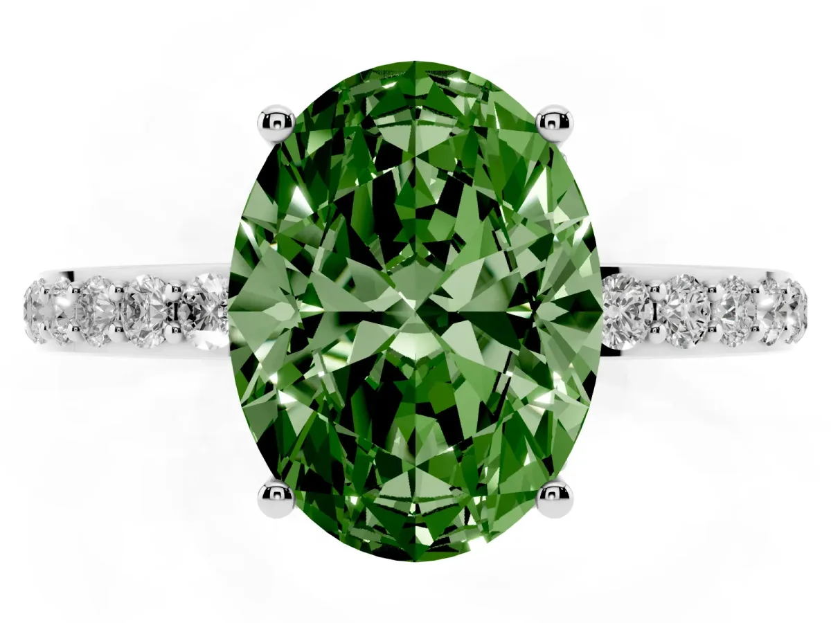 Fancy Green Oval Cut Diamond Solitaire Ring with Pavé Band and Hidden Halo Silver