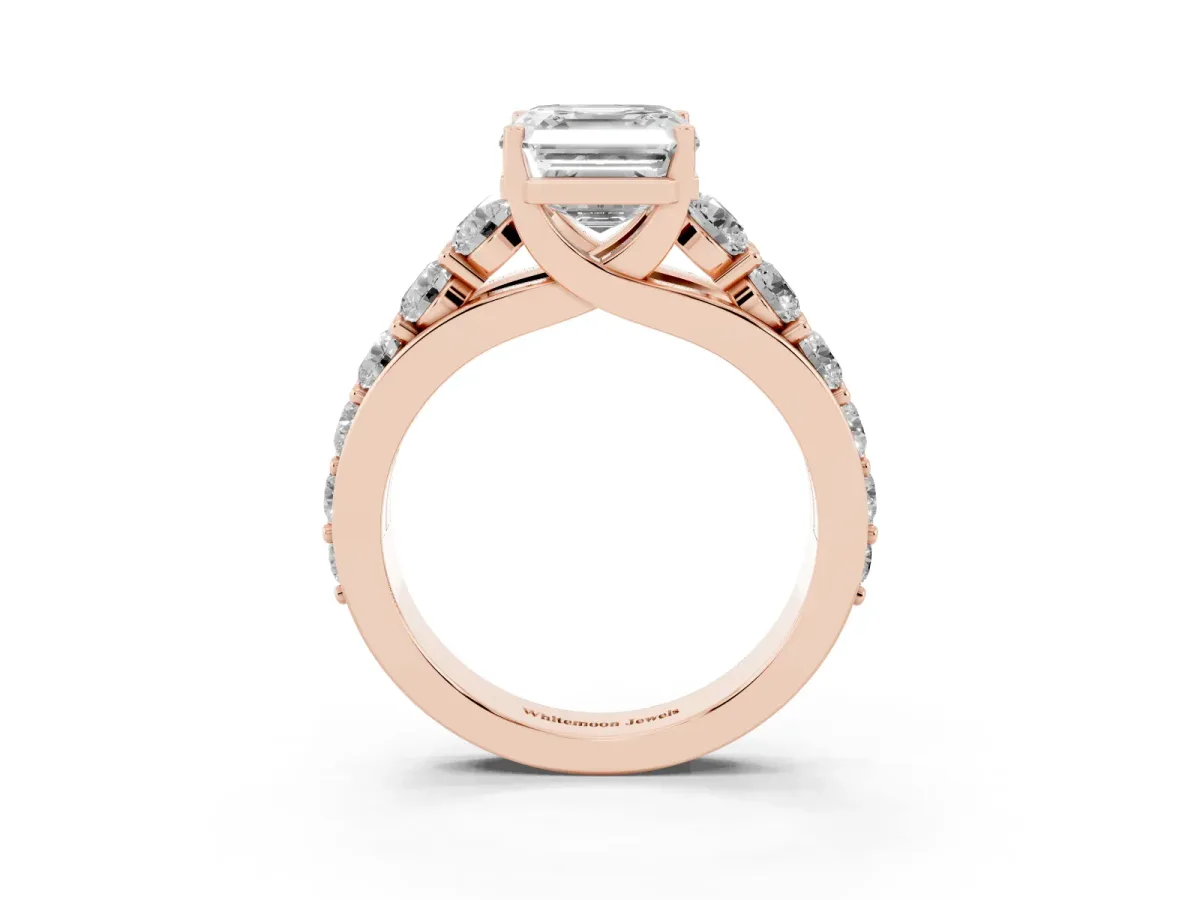 Asscher Cut Diamond Engagement Ring with Pavé Band and Four-Prong Setting Rose gold