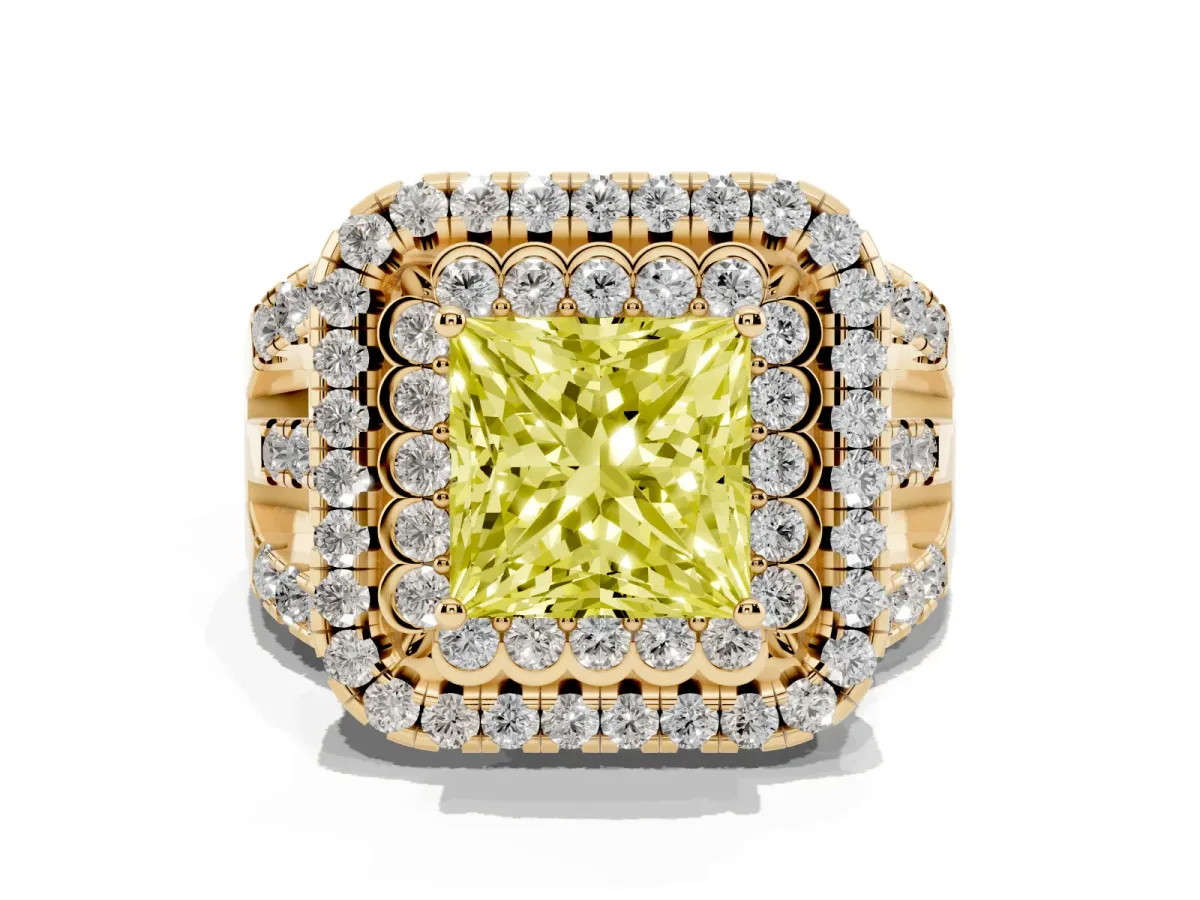 Fancy Yellow Princess Cut Diamond Double Halo Ring with Round Pavé Split Shank and Prong Setting Yellow gold