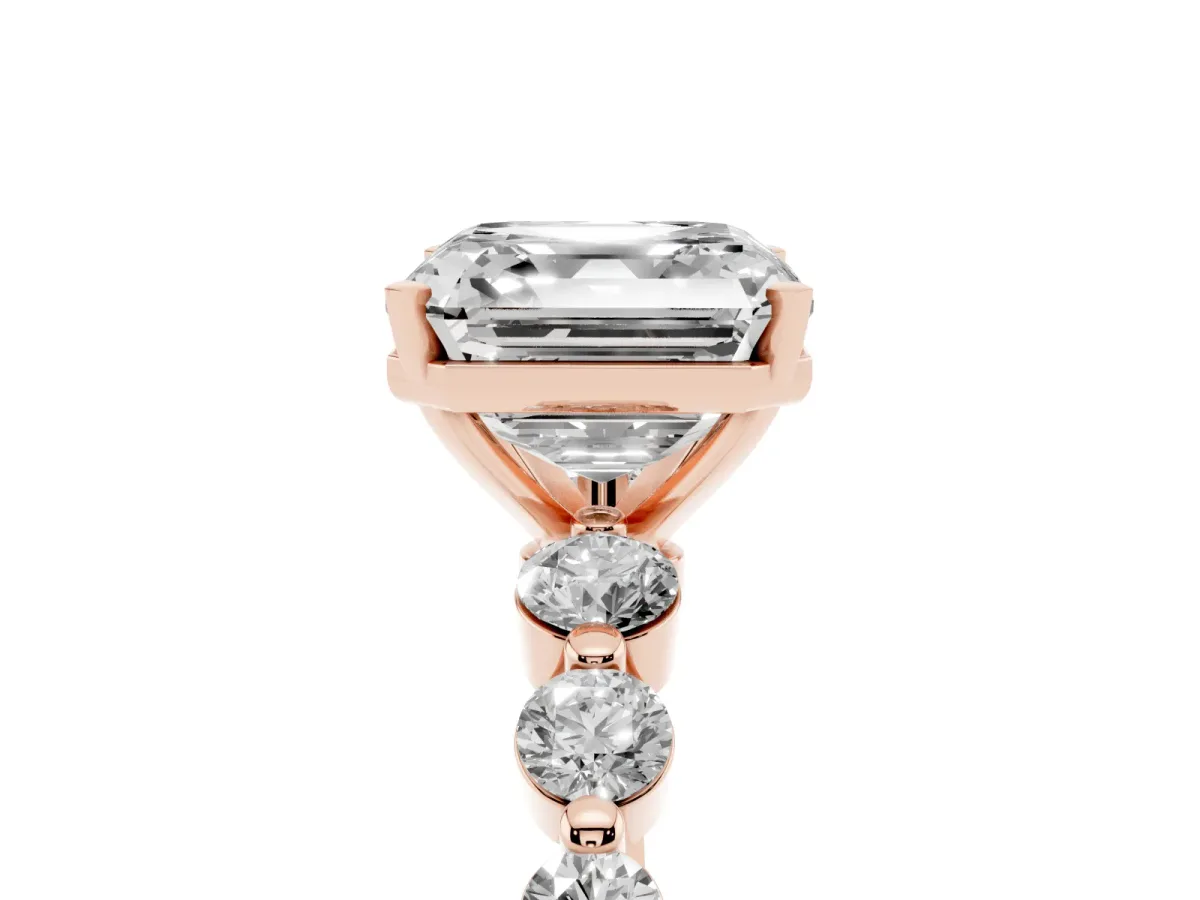 Asscher Cut Solitaire Diamond Ring with Pave Band and Four-Prong Setting Rose gold
