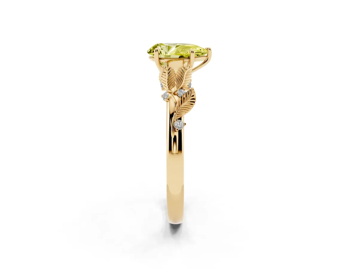 Fancy Yellow Pear Cut Diamond Solitaire Ring with Leaf Motif Band and Four-Prong Setting Yellow gold