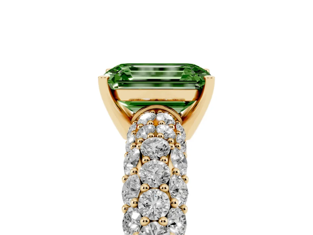 Fancy Green Emerald Cut Diamond Pavé Band Solitaire Ring with Four-Prong Setting Yellow gold