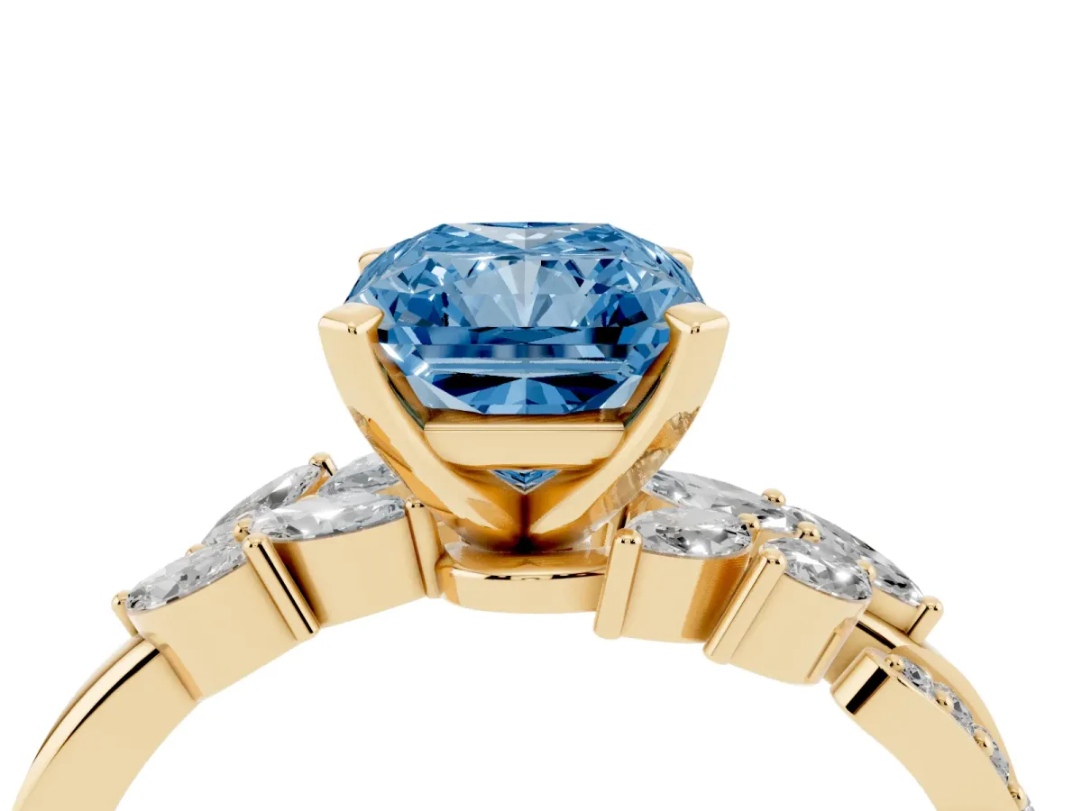 Fancy Blue Radiant Cut Solitaire Marquise Twist Band with Six-Prong Setting Yellow gold