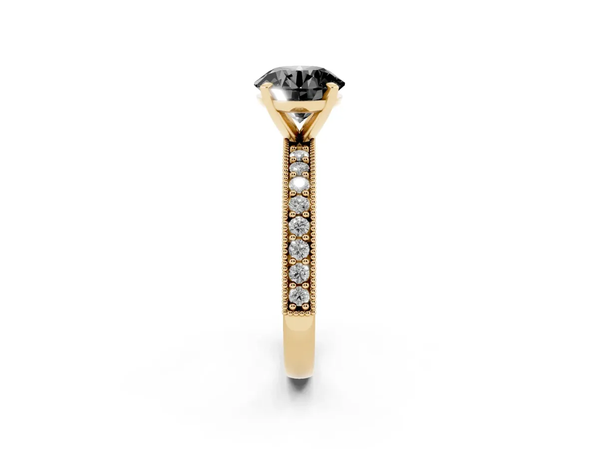 Fancy Black Round Cut Diamond Milgrain Pavé Engagement Ring with Four-Prong Setting Yellow gold