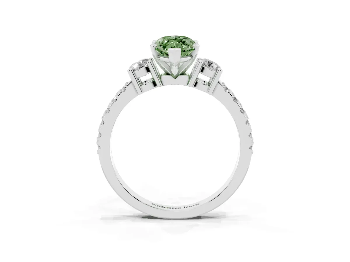 Fancy Green Marquise Cut Three-Stone Diamond Pavé Band with Prong Setting White gold