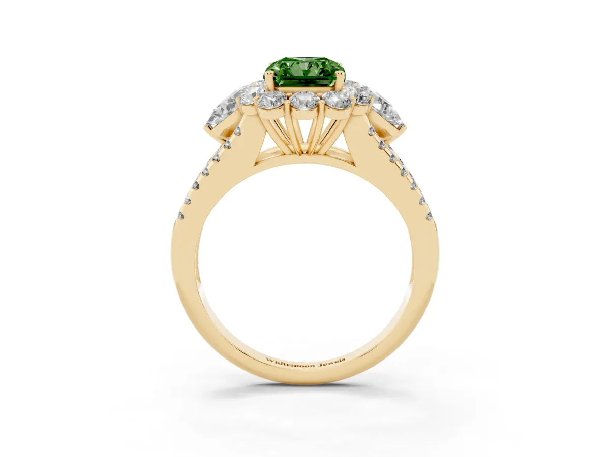 Fancy Green Radiant Cut Halo Split Shank Diamond Engagement Ring with Prong Setting Yellow gold