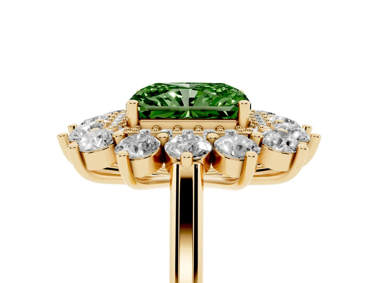 Fancy Green Radiant Cut Diamond Floral Double Halo Engagement Ring with Prong Setting Yellow gold