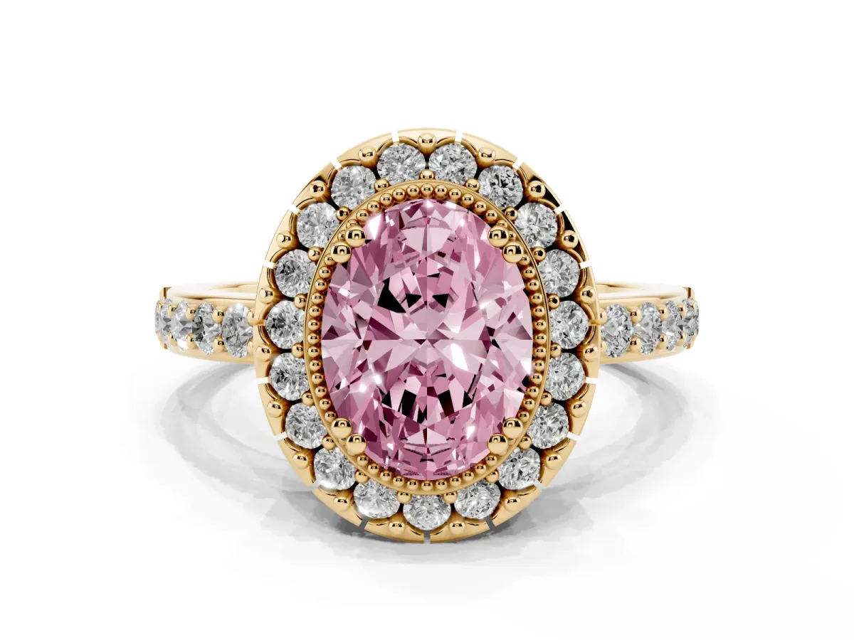 Fancy Pink Oval Cut Diamond Halo Ring with Pavé Band and Prong Setting Yellow gold