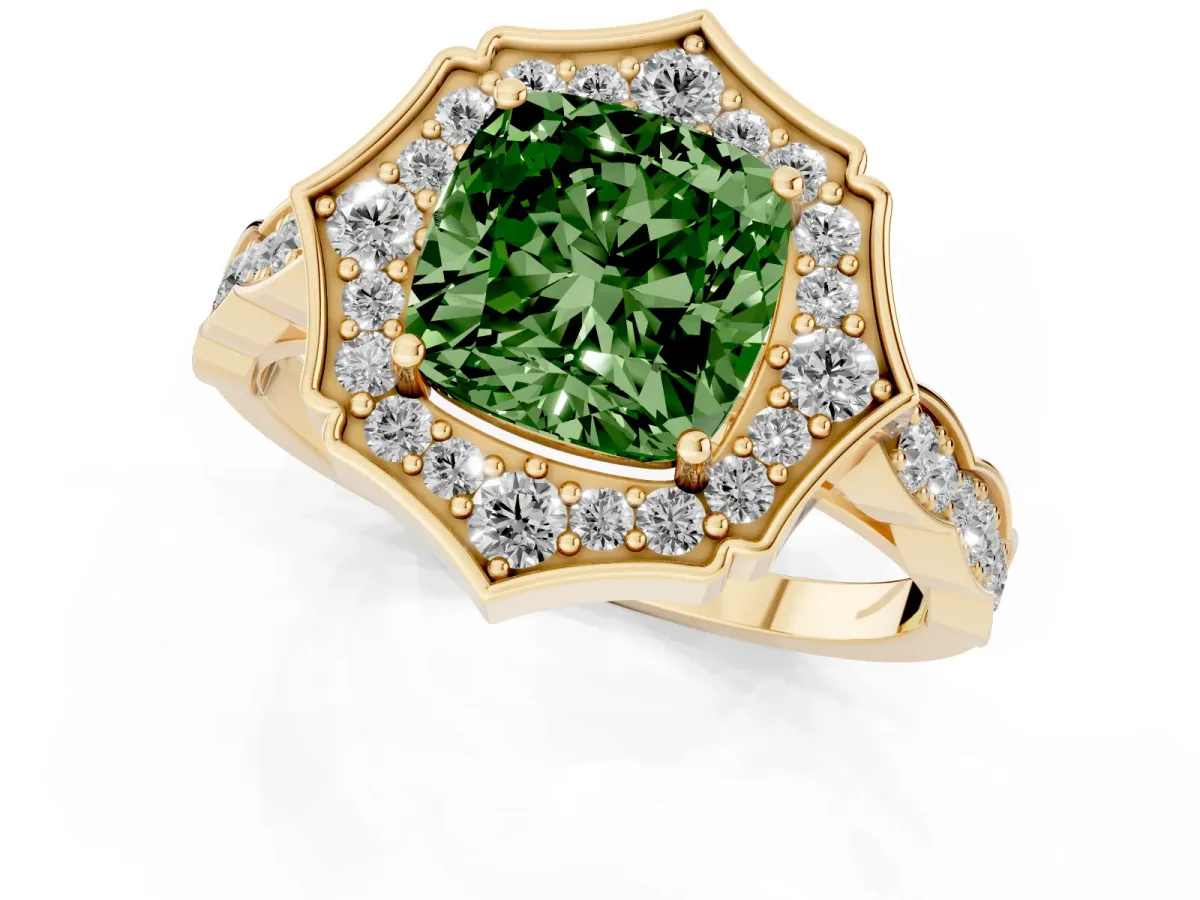 Fancy Green Cushion Cut Halo Diamond Engagement Ring with Milgrain Band and Four-Prong Setting Yellow gold