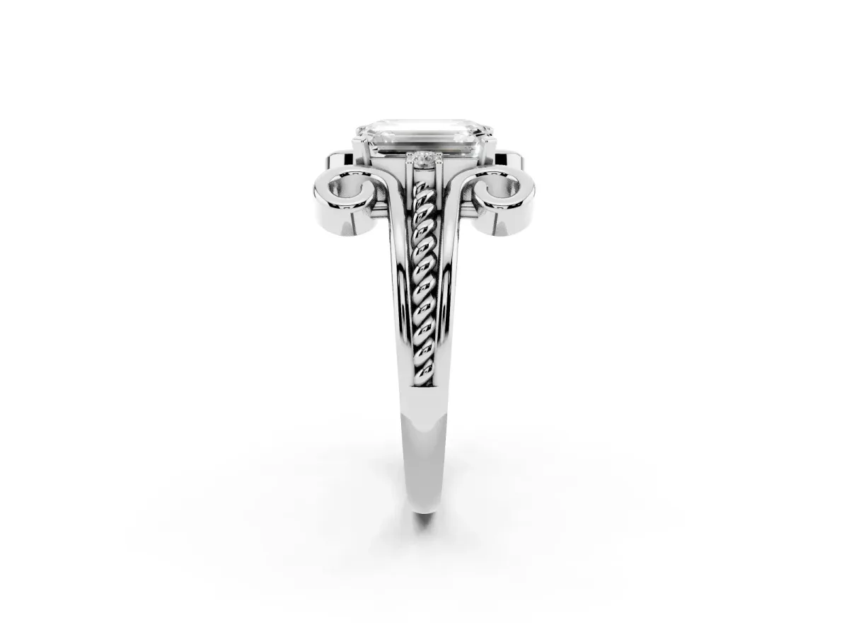 Emerald Cut Solitaire Twisted Band Scroll Prong Ring Silver