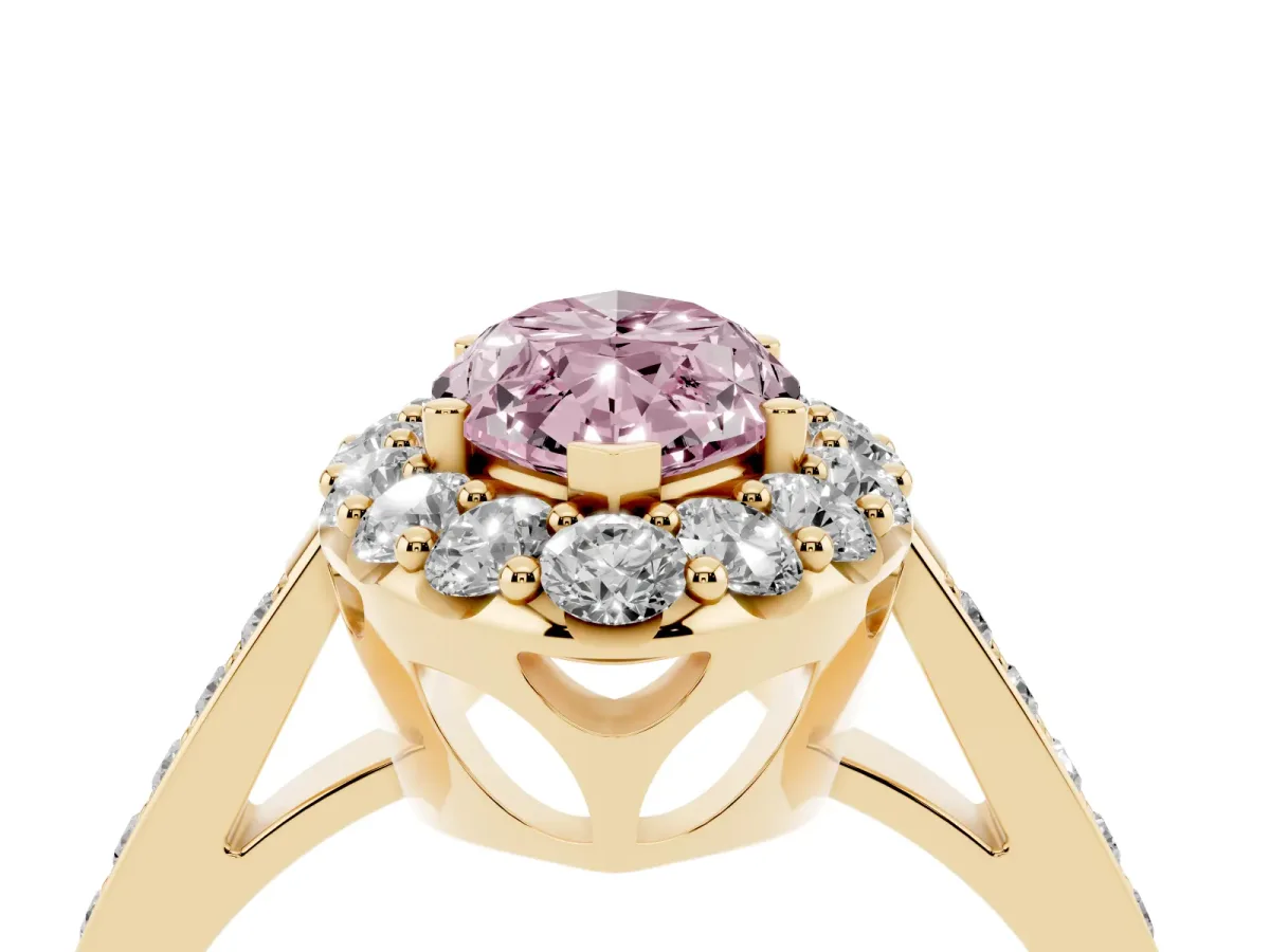 Fancy Pink Marquise Cut Diamond Floral Halo Ring with Pavé Band and Prong Setting Yellow gold