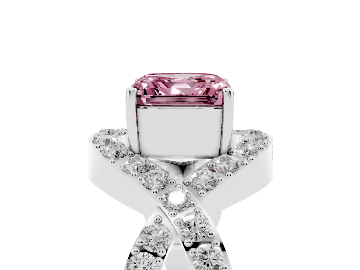 Fancy Pink Asscher Cut Solitaire Twist Band Pavé Diamond Engagement Ring Platinum