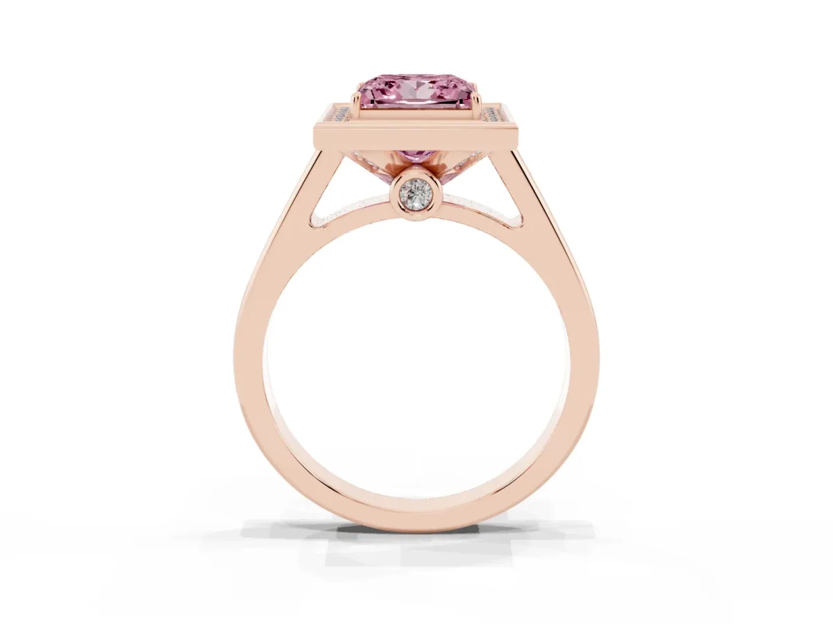 Fancy Pink Princess Cut Halo Solitaire Diamond Ring with Pave Band and Bezel Setting Rose gold
