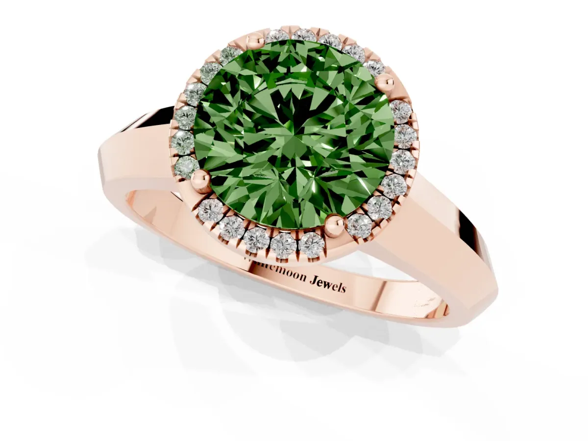 Fancy Green Round Cut Halo Diamond Ring with Cathedral Band and Four-Prong Setting Rose gold