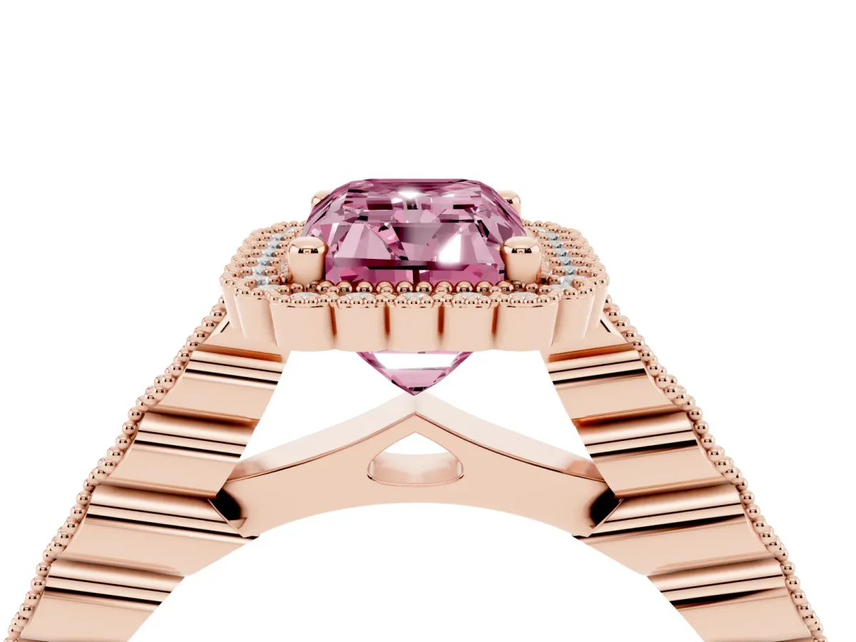Fancy Pink Radiant Cut Cut Halo Pavé Solitaire Ring with Milgrain Band Rose gold