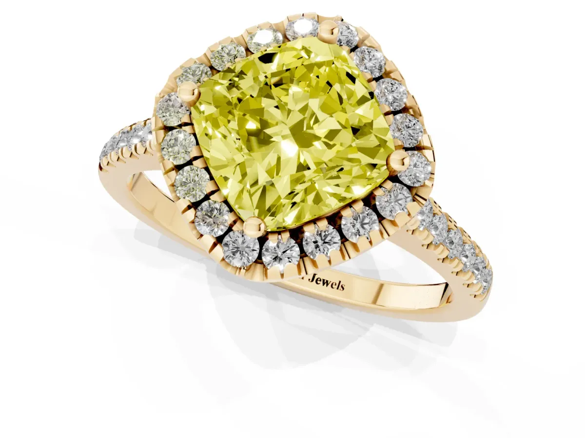 Fancy Yellow Cushion Cut Diamond Cushion Halo Ring with Pavé Band Yellow gold