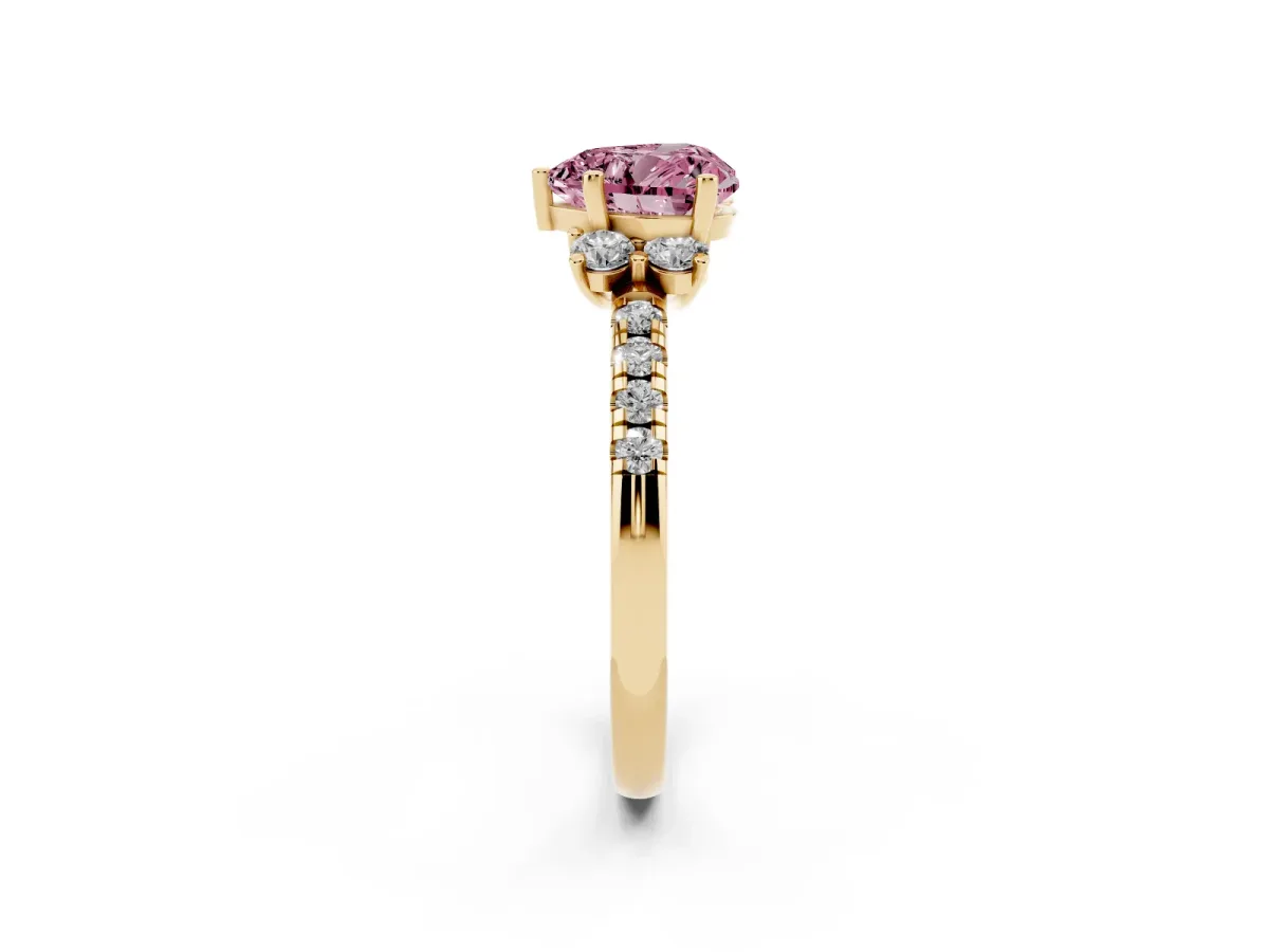 Fancy Pink Heart Cut Diamond Three-Stone Pave Band with Four-Prong Setting Yellow gold
