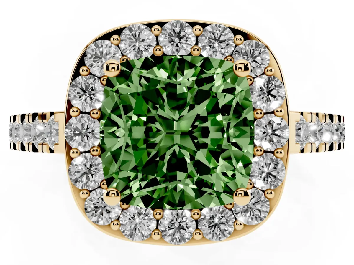 Fancy Green Cushion Cut Diamond Halo Ring with Round Pavé Split Shank and Prong Setting Yellow gold