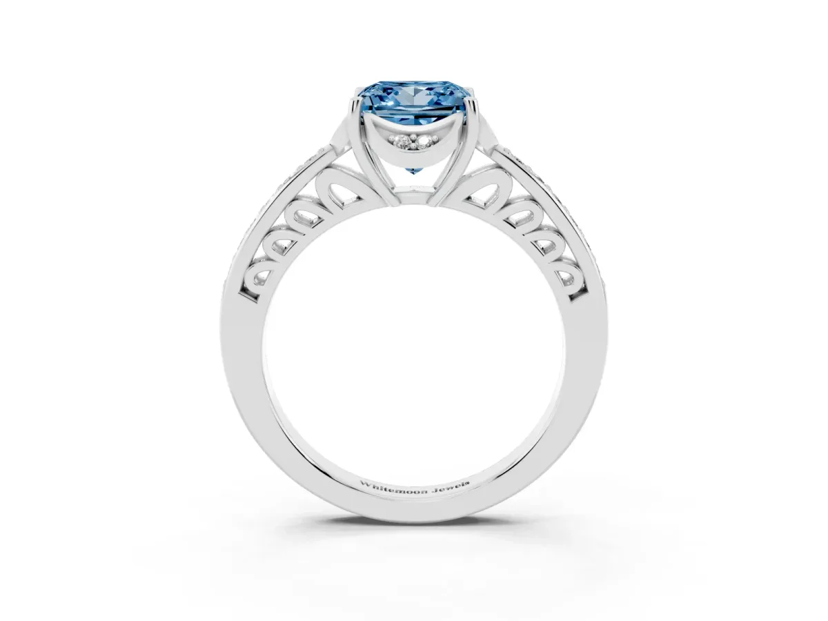 Fancy Blue Princess Cut Cut Halo Diamond Ring with Channel Set Band and Four-Prong Setting Silver