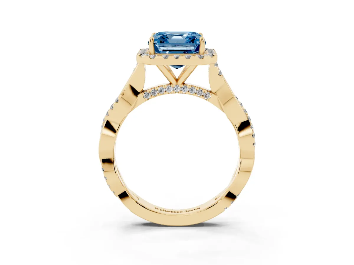 Fancy Blue Asscher Cut Halo Twist Band Solitaire Ring Yellow gold