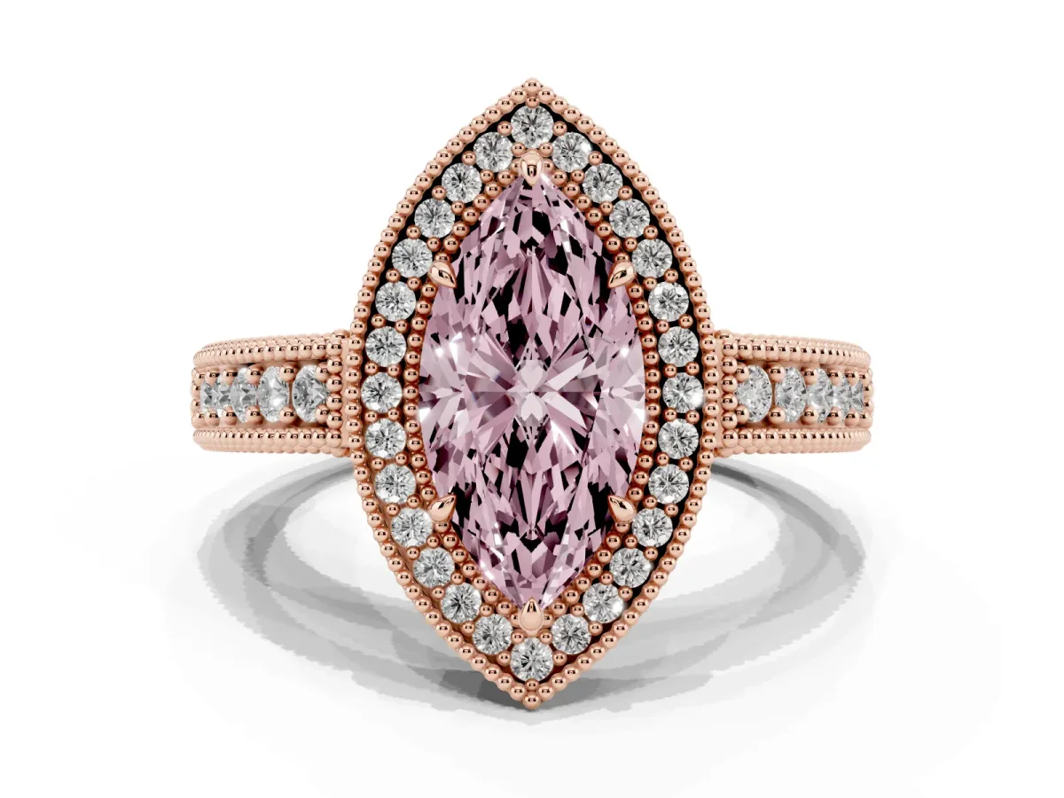 Fancy Pink Marquise Cut Cut Halo Diamond Ring with Pavé Band and Four-Prong Setting Rose gold