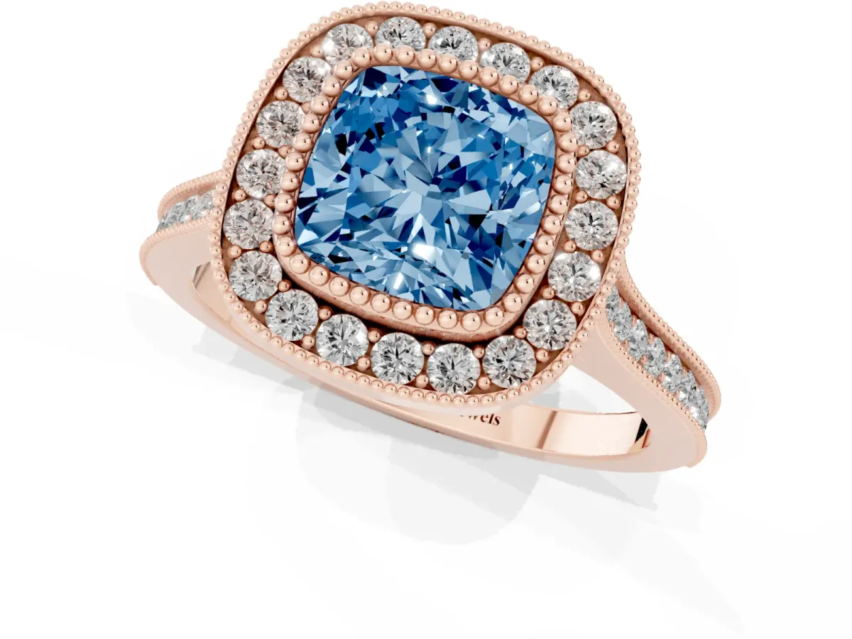 Fancy Blue Cushion Cut Diamond Halo Ring with Milgrain Frame and Pavé Band Rose gold