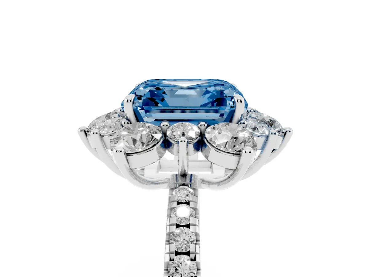 Fancy Blue Asscher Cut Diamond Floral Halo Ring with Round Pavé Band and Prong Setting Platinum
