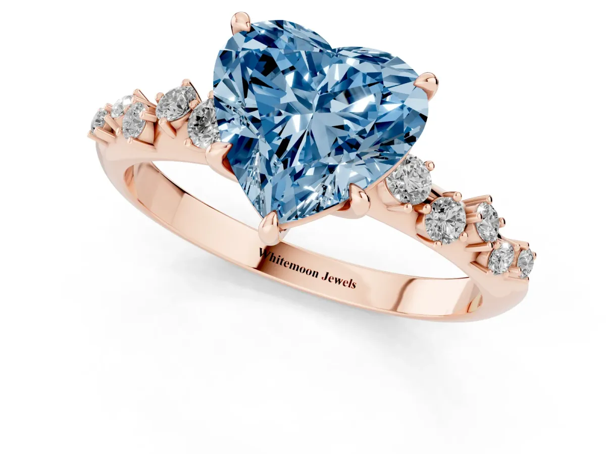 Fancy Blue Heart Cut Diamond Cluster Side Stone Solitaire Ring with Prong Setting Rose gold