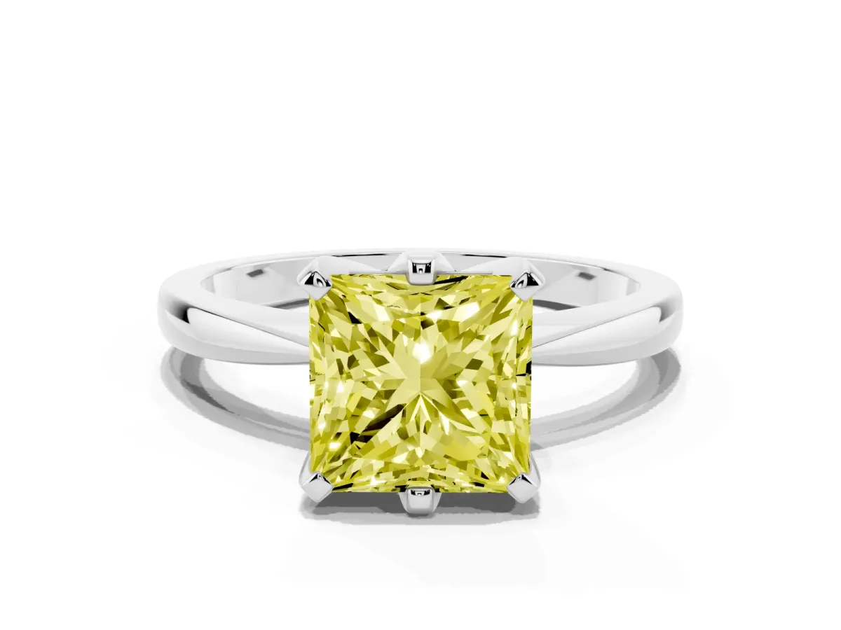 Fancy Yellow Princess Cut Solitaire Engagement Ring with Six-Prong Setting and Tapered Band Silver