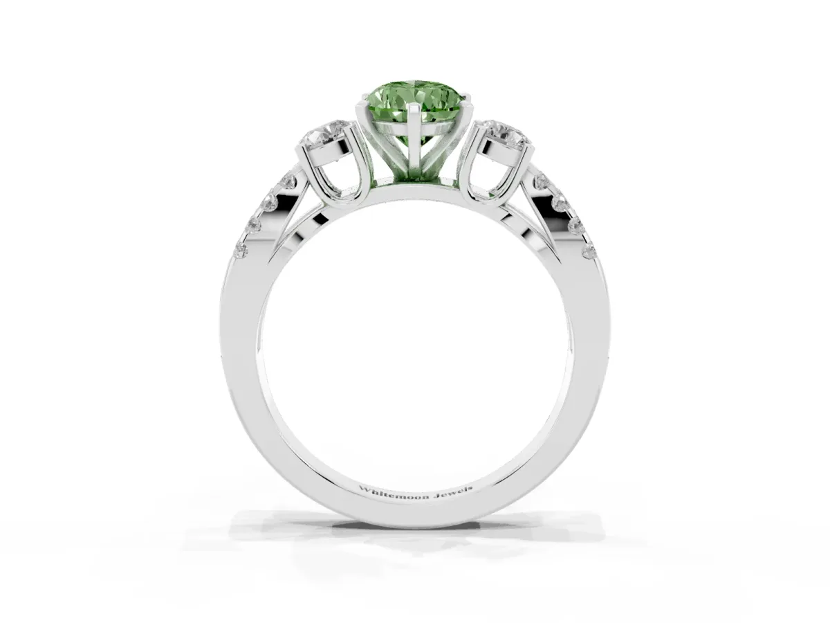 Fancy Green Pear Cut Diamond Three-Stone Ring with Pavé Split Shank and Four-Prong Setting Platinum