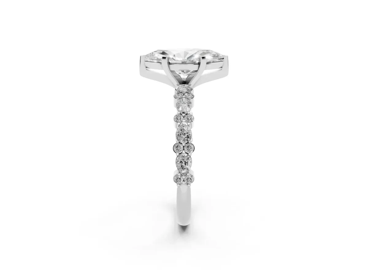 Marquise Cut Diamond Side Stone Solitaire Ring with Round and Four-Prong Setting Silver