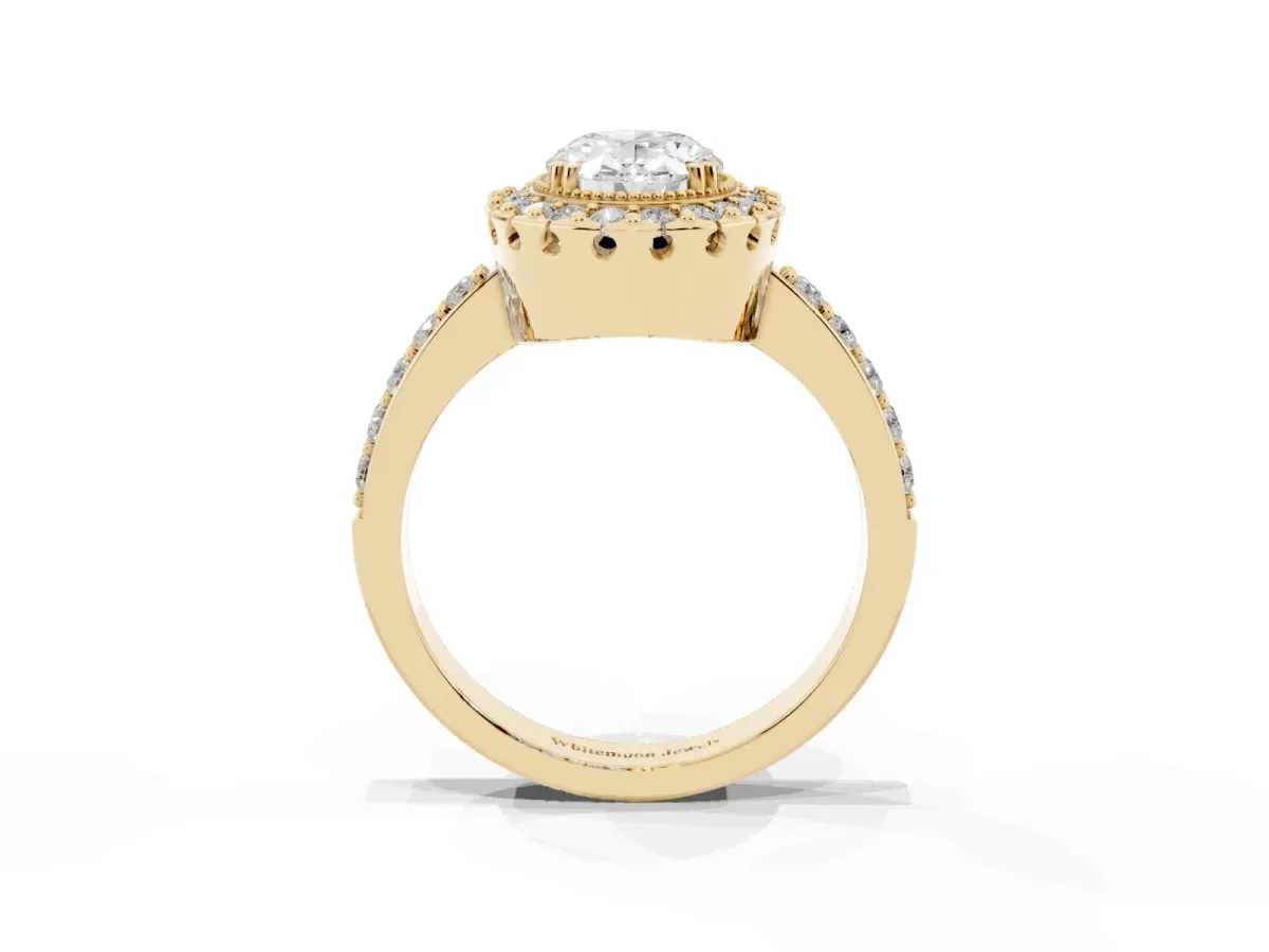 Oval Cut Diamond Halo Ring with Pavé Band and Prong Setting Yellow gold