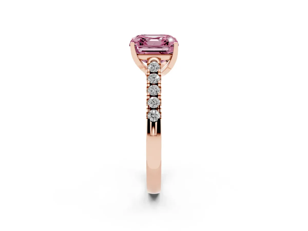 Fancy Pink Asscher Cut Diamond Pavé Band Solitaire Ring with Prong Setting Rose gold