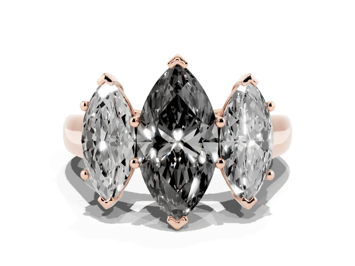 Fancy Black Marquise Cut Three-Stone Diamond Ring with Prong Setting on a Classic Band Rose gold