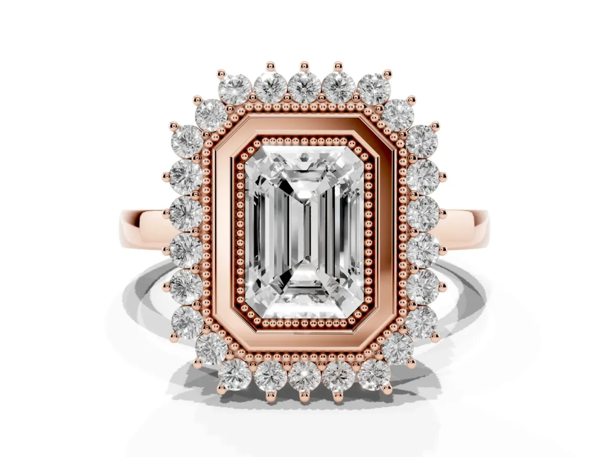 Emerald Cut Halo Diamond Ring with Milgrain Edge and Round Prong Setting Rose gold