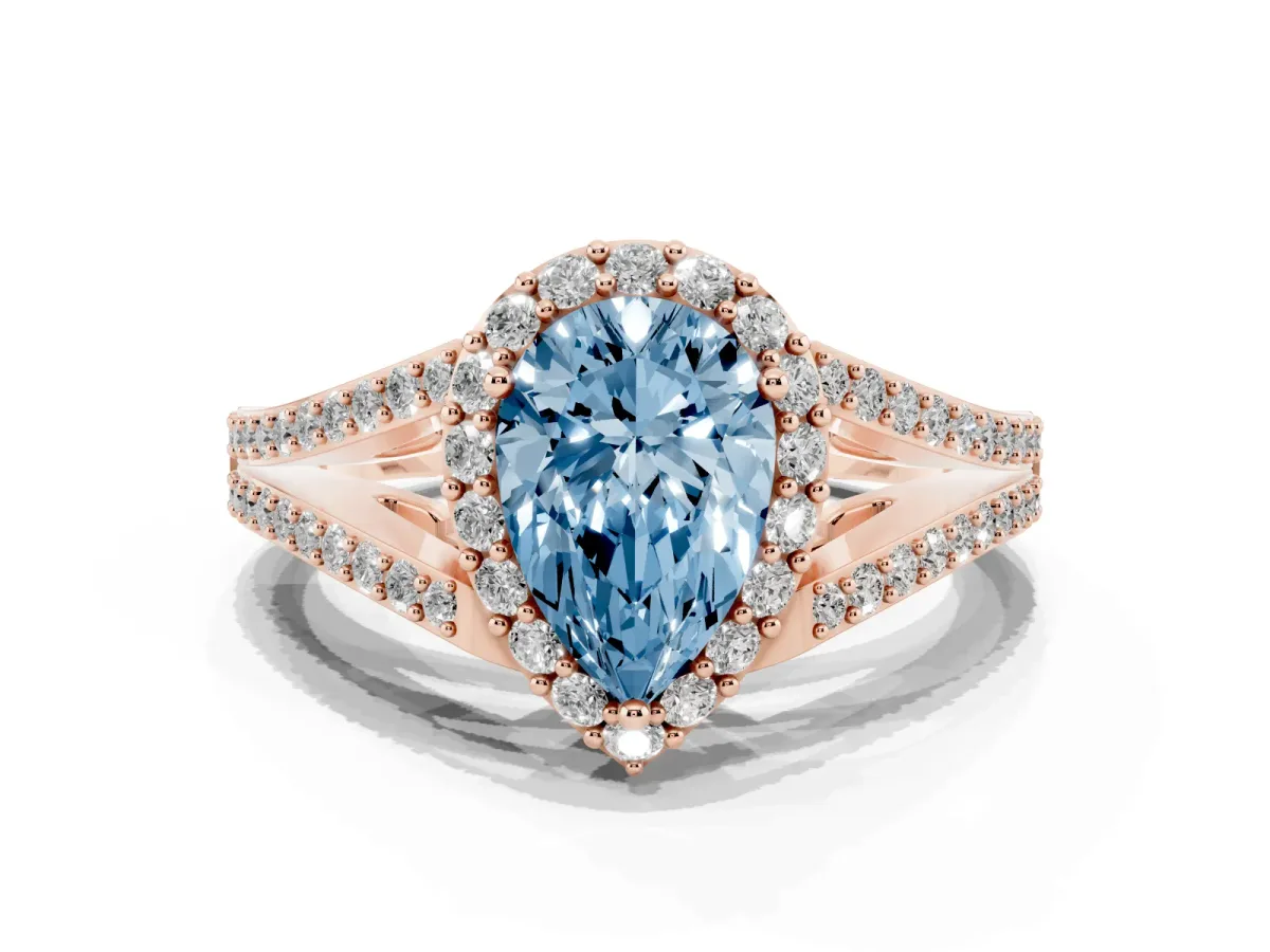 Fancy Blue Pear Cut Halo Split Shank Pave Diamond Ring with Four-Prong Setting Rose gold