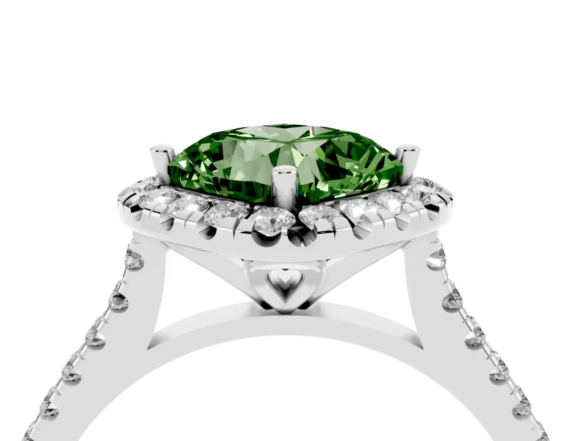 Fancy Green Cushion Cut Diamond Cushion Halo Ring with Pavé Band Silver