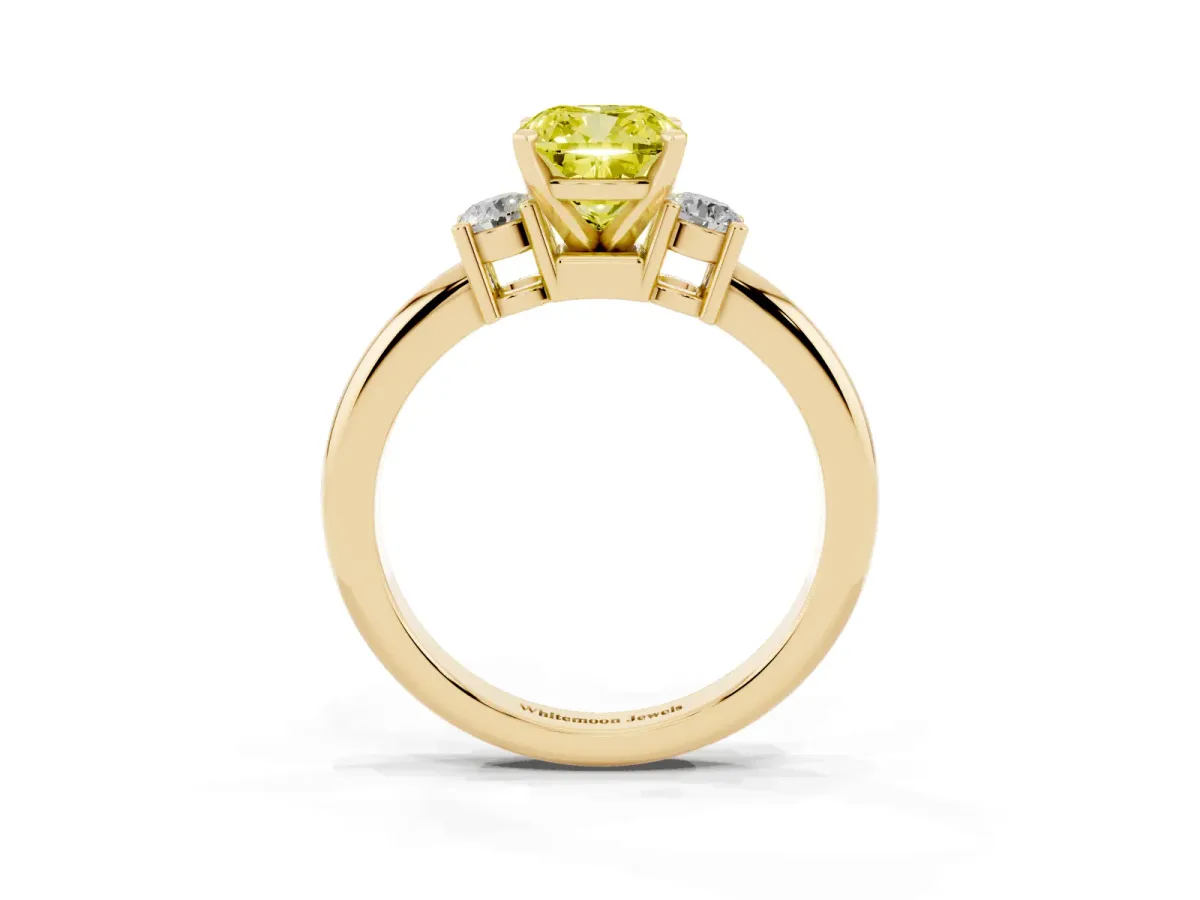 Fancy Yellow Three-Stone Cushion Cut Cut Diamond Solitaire with Prong Setting and Classic Band Yellow gold