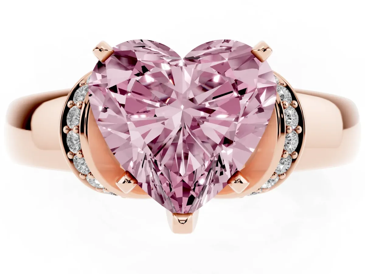 Fancy Pink Heart Cut Solitaire Diamond Ring with Pave Band and Six-Prong Setting Rose gold