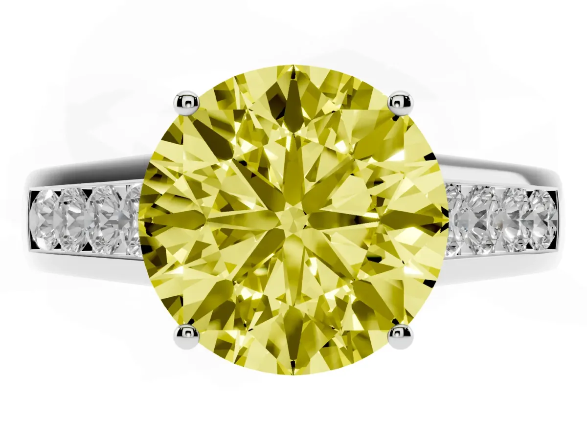 Fancy Yellow Round Cut Brilliant Channel-Set Solitaire Ring with Four-Prong Setting Silver