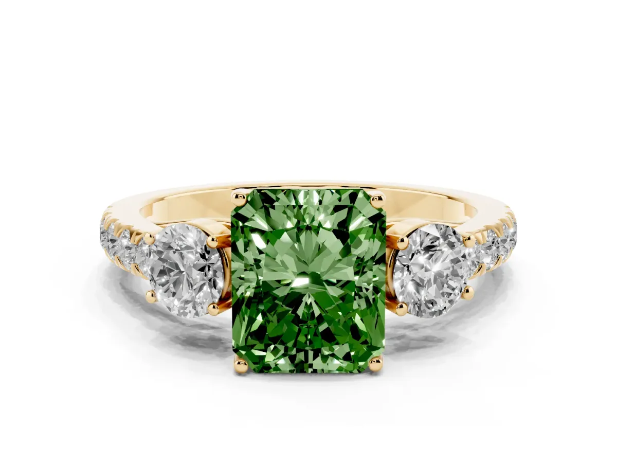 Fancy Green Radiant Cut Cut Diamond Three-Stone Ring with Round Side Stones and Pavé Band Yellow gold