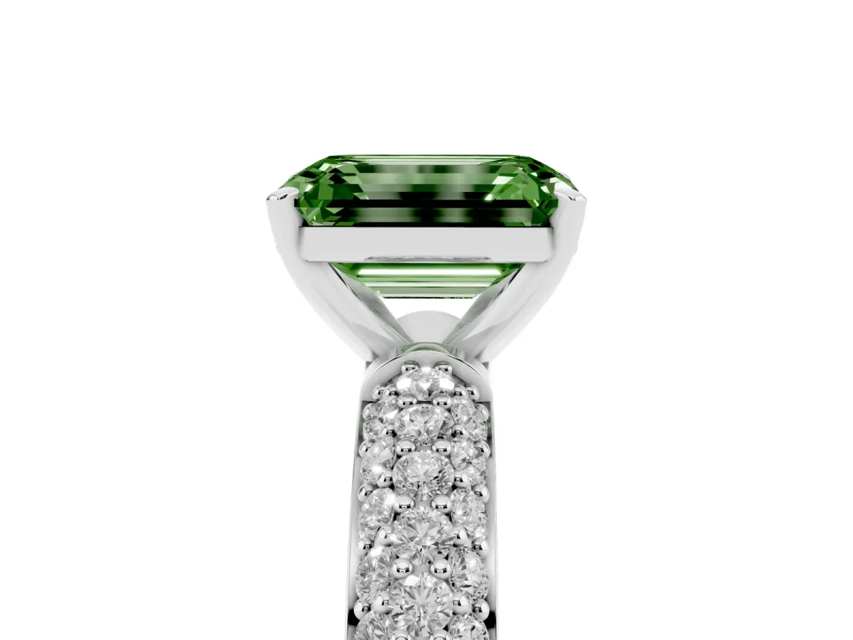 Fancy Green Emerald Cut Diamond Solitaire Ring with Prong Setting and Pavé Band Silver