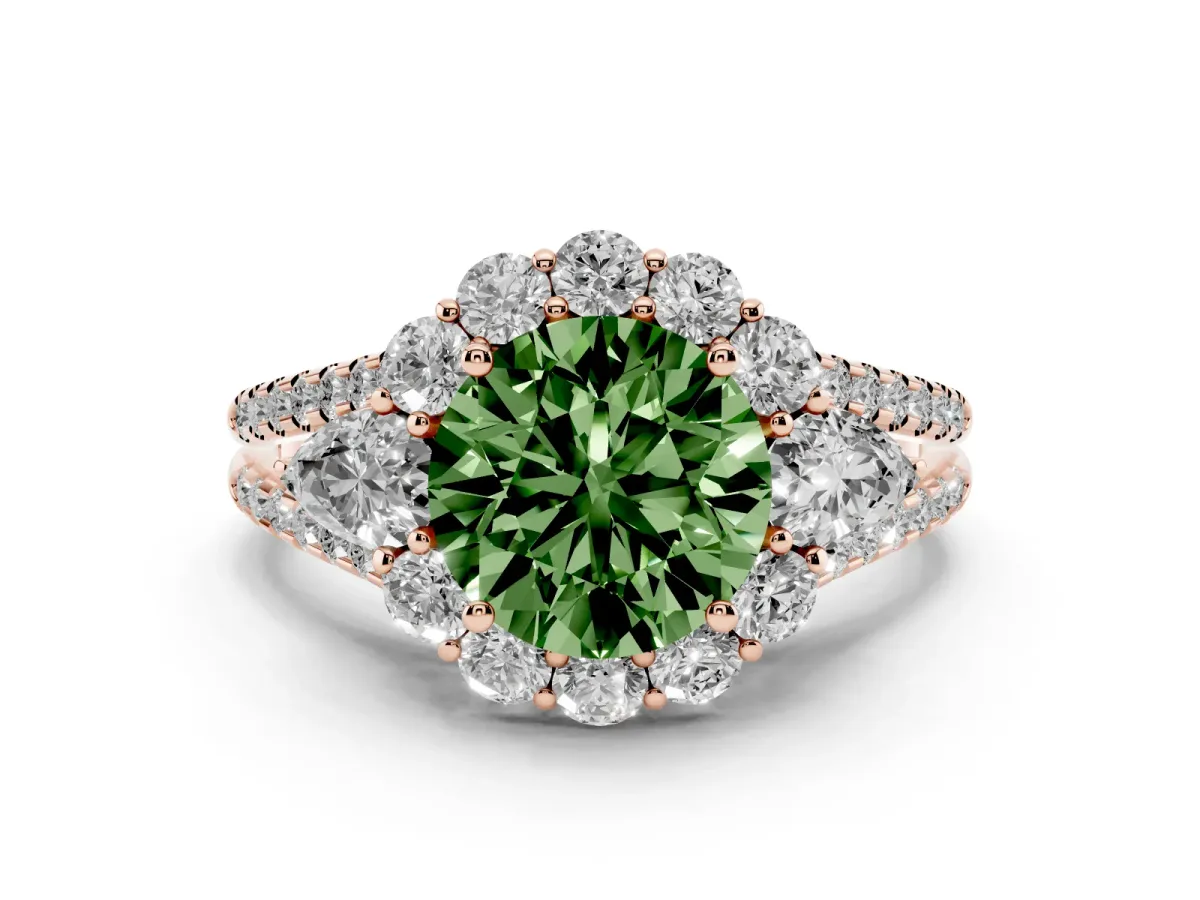 Fancy Green Round Cut Halo Split Shank Diamond Engagement Ring with Prong Setting Rose gold